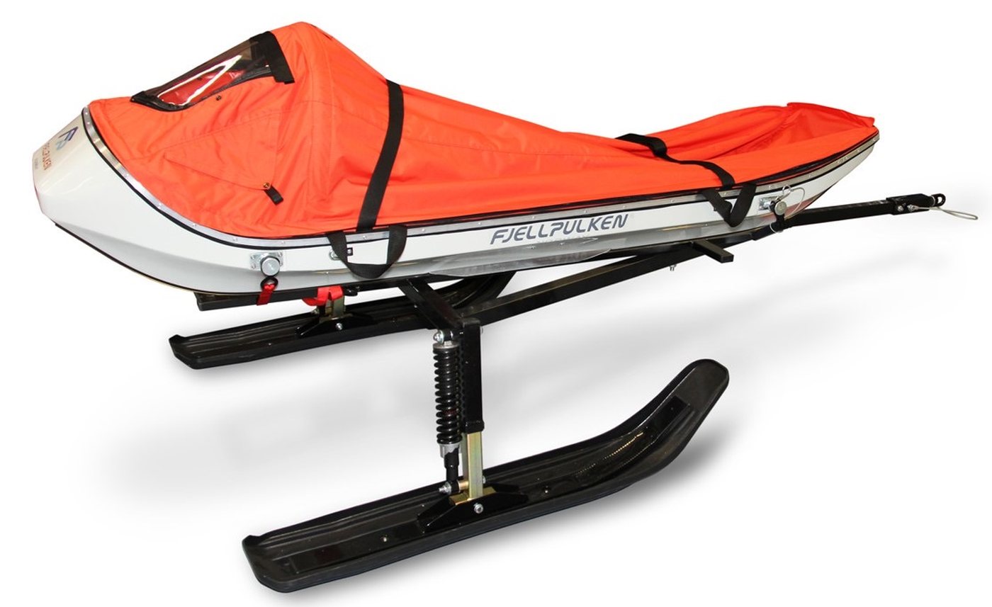 Rescue sled mounted on a snowmobile sledge with springing
