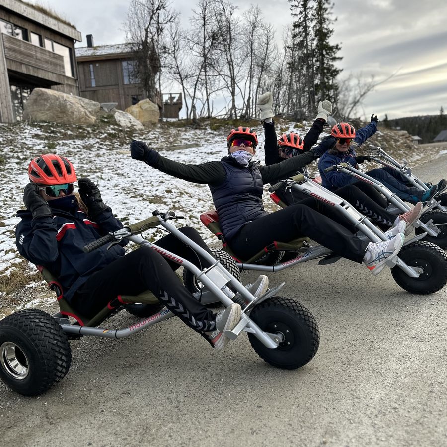 Fire førere på mountaincarts med armene i været